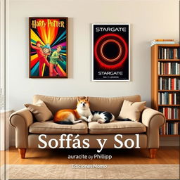 A cozy living room featuring a plush sofa at the lower center, with a Shiba Inu and a black-and-white cat peacefully lying together on it
