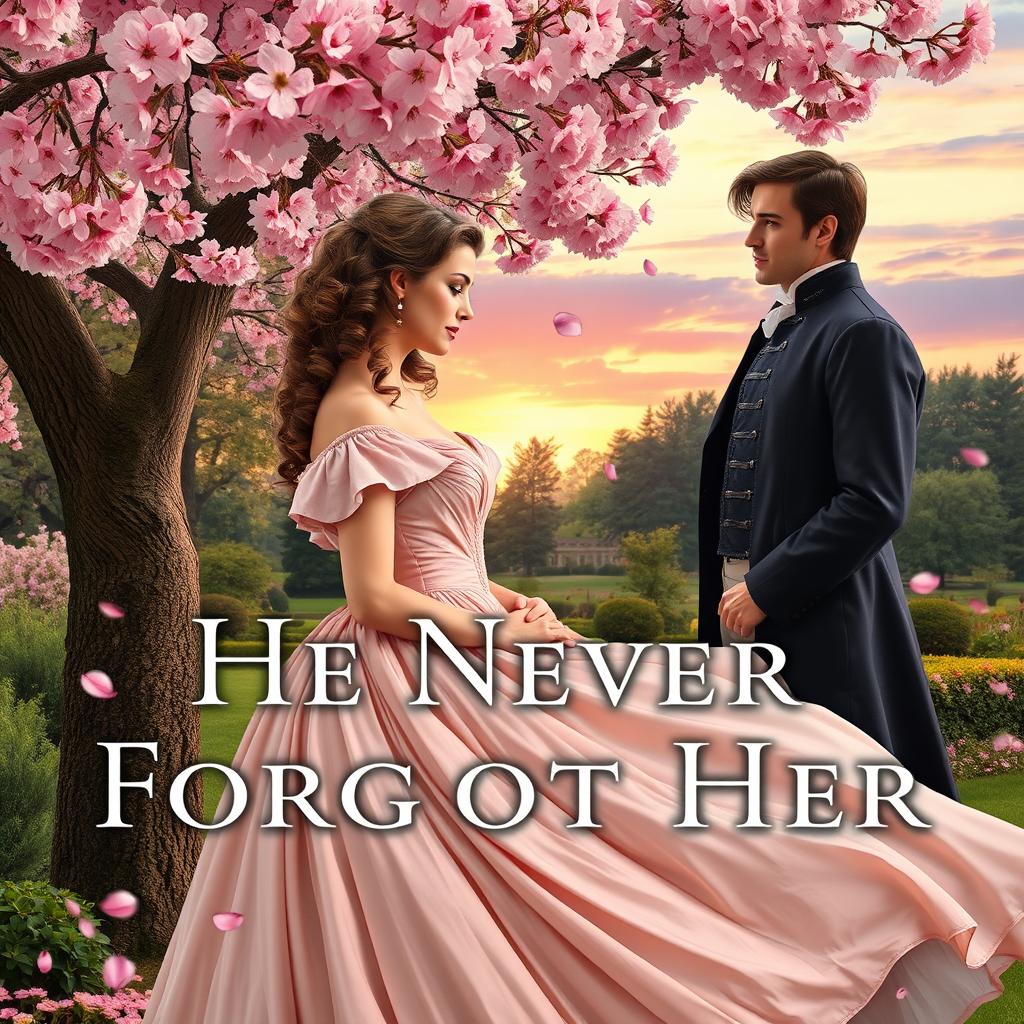 Cover art for a Regency historical romance novel titled 'He Never Forgot Her' without any letters