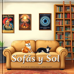 A cozy living room scene featuring a plush sofa at the lower center, occupied by a relaxed Shiba Inu and a sleepy black-and-white cat