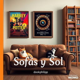 A cozy living room scene featuring a plush sofa at the lower center, occupied by a relaxed Shiba Inu and a sleepy black-and-white cat