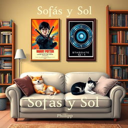 A cozy living room scene featuring a plush sofa at the lower center, occupied by a relaxed Shiba Inu and a sleepy black-and-white cat