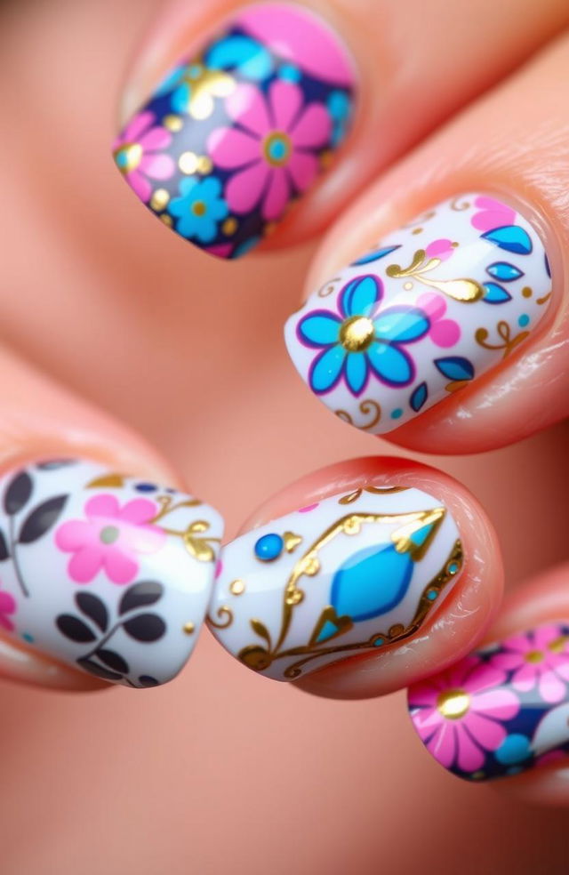 A close-up shot of beautifully designed Tica nail art, featuring intricate patterns with a mix of bright colors including pink, blue, and gold