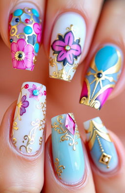 A close-up shot of beautifully designed Tica nail art, featuring intricate patterns with a mix of bright colors including pink, blue, and gold