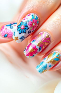 A close-up shot of beautifully designed Tica nail art, featuring intricate patterns with a mix of bright colors including pink, blue, and gold