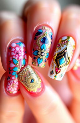 A close-up shot of beautifully designed Tica nail art, featuring intricate patterns with a mix of bright colors including pink, blue, and gold