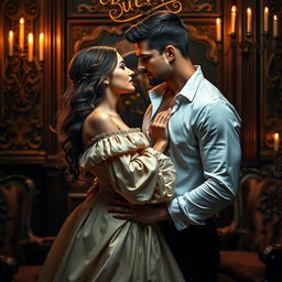 A passionate Regency-era romantic book cover featuring a couple in a close, intimate embrace