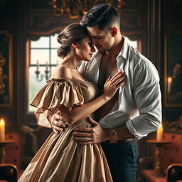A passionate Regency-era romantic book cover featuring a couple in a close, intimate embrace