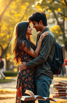 A romantic scene depicting an Indian college boy and a girl in a passionate embrace, set against the backdrop of a university campus