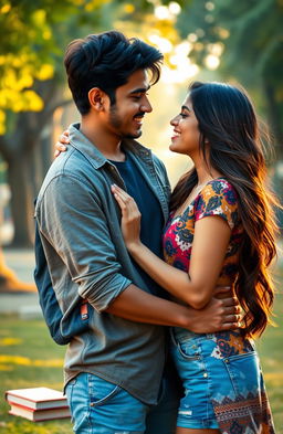 A romantic scene depicting an Indian college boy and a girl in a passionate embrace, set against the backdrop of a university campus