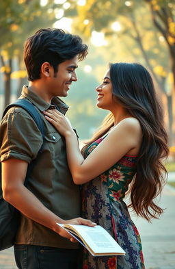 A romantic scene depicting an Indian college boy and a girl in a passionate embrace, set against the backdrop of a university campus
