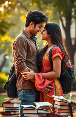 A romantic scene depicting an Indian college boy and a girl in a passionate embrace, set against the backdrop of a university campus