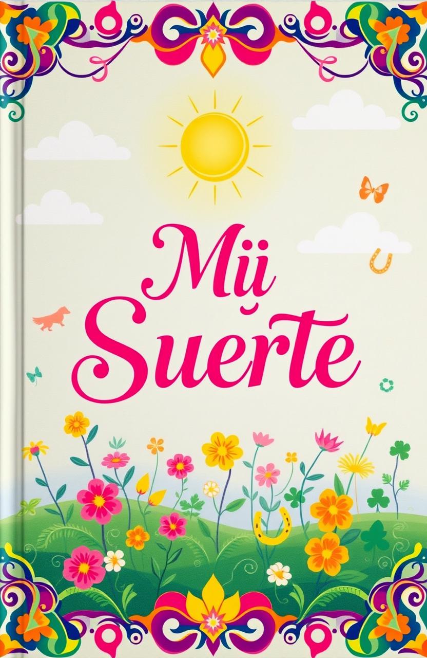 A beautifully designed book cover for 'Mi Suerte', featuring vibrant colors and intricate patterns