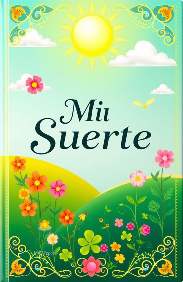 A beautifully designed book cover for 'Mi Suerte', featuring vibrant colors and intricate patterns