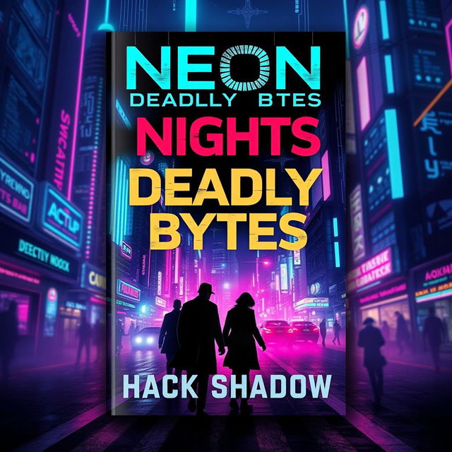 A dramatic book cover design for 'Neon Nights, Deadly Bytes' by Hack Shadow, featuring a cyberpunk detective noir theme