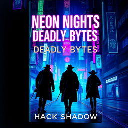 A dramatic book cover design for 'Neon Nights, Deadly Bytes' by Hack Shadow, featuring a cyberpunk detective noir theme