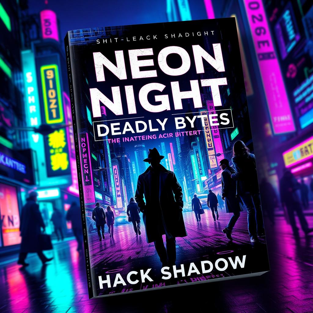 A dramatic book cover design for 'Neon Nights, Deadly Bytes' by Hack Shadow, featuring a cyberpunk detective noir theme