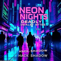 A dramatic book cover design for 'Neon Nights, Deadly Bytes' by Hack Shadow, featuring a cyberpunk detective noir theme