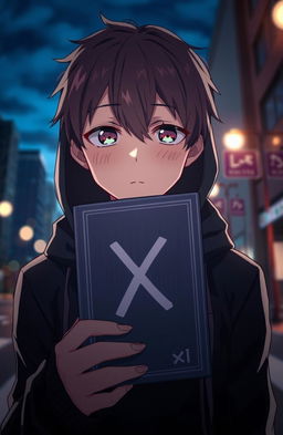 An anime boy with his face hidden, only the letter 'X' is written on a book that he is holding