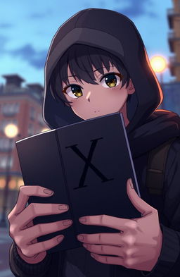 An anime boy with his face hidden, only the letter 'X' is written on a book that he is holding