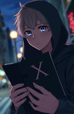 An anime boy with his face hidden, only the letter 'X' is written on a book that he is holding