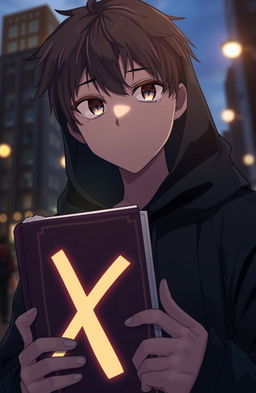 An anime boy with his face hidden, only the letter 'X' is written on a book that he is holding