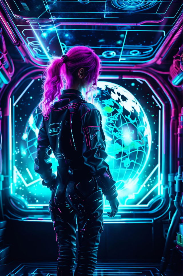 An extremely detailed, HD cinematic photograph from the back of the head view of a neon pink-haired girl navigating a neon holographic map of the solar system in a cyberpunk spaceship