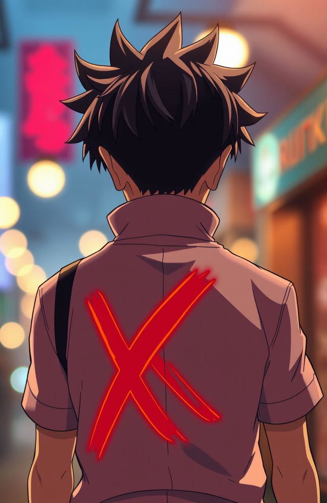 A detailed close-up of the back of an anime boy, designed in a cinematic style