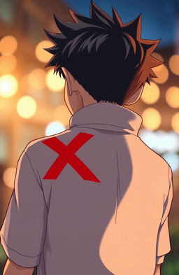 A detailed close-up of the back of an anime boy, designed in a cinematic style