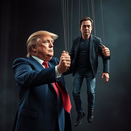 A highly detailed and realistic scene featuring Donald Trump wearing his usual blue business suit, white shirt, and red tie, controlling a puppet of Elon Musk