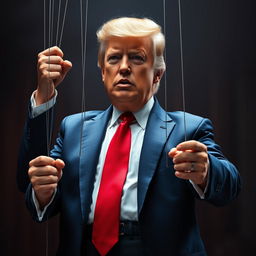 A highly detailed and realistic scene featuring Donald Trump wearing his usual blue business suit, white shirt, and red tie, controlling a puppet of Elon Musk
