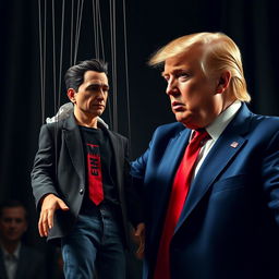 A highly detailed and realistic scene featuring Donald Trump wearing his usual blue business suit, white shirt, and red tie, controlling a puppet of Elon Musk