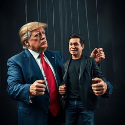 A highly detailed and realistic scene featuring Donald Trump wearing his usual blue business suit, white shirt, and red tie, controlling a puppet of Elon Musk