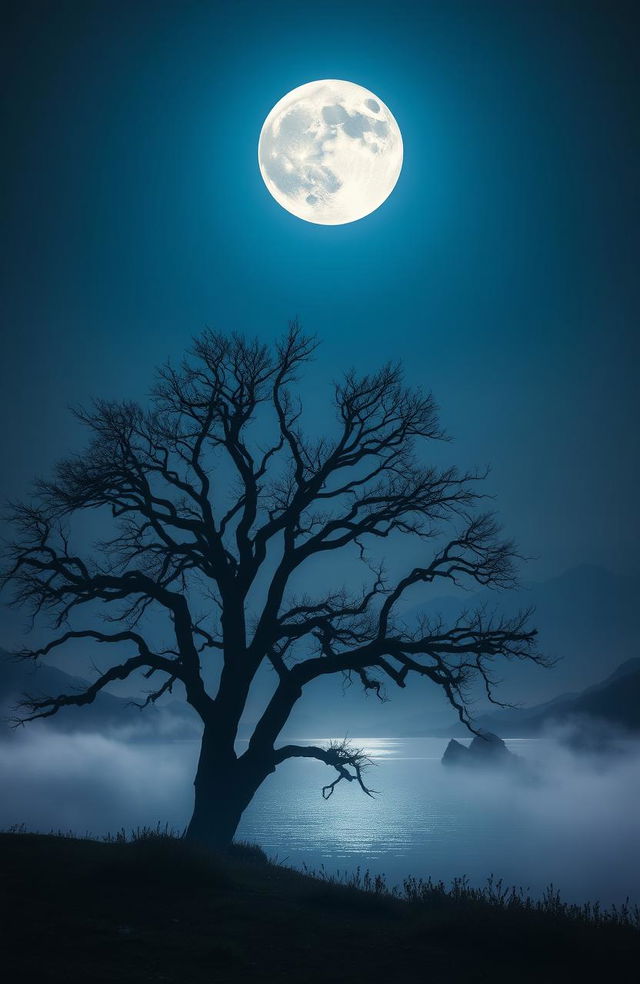 A cinematic scene featuring a large, luminous full moon hanging low in the night sky, casting a soft glow over a serene landscape