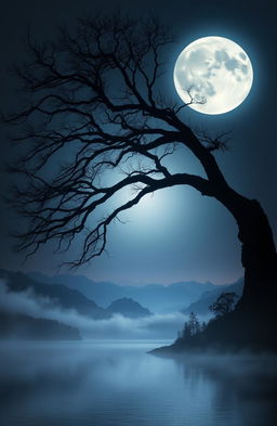 A cinematic scene featuring a large, luminous full moon hanging low in the night sky, casting a soft glow over a serene landscape