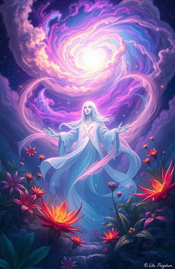 A mystical scene depicting the essence of 'X', an enigmatic figure surrounded by a swirling aura of vibrant colors representing power and intrigue