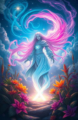 A mystical scene depicting the essence of 'X', an enigmatic figure surrounded by a swirling aura of vibrant colors representing power and intrigue