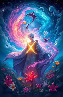 A mystical scene depicting the essence of 'X', an enigmatic figure surrounded by a swirling aura of vibrant colors representing power and intrigue