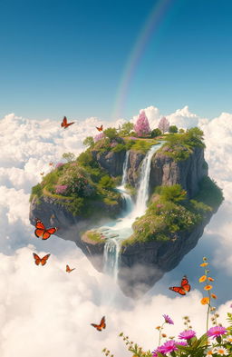 A breathtaking floating island surrounded by fluffy white clouds, featuring lush greenery, colorful flowers, and a sparkling waterfall cascading down the cliffs