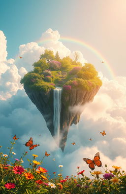 A breathtaking floating island surrounded by fluffy white clouds, featuring lush greenery, colorful flowers, and a sparkling waterfall cascading down the cliffs