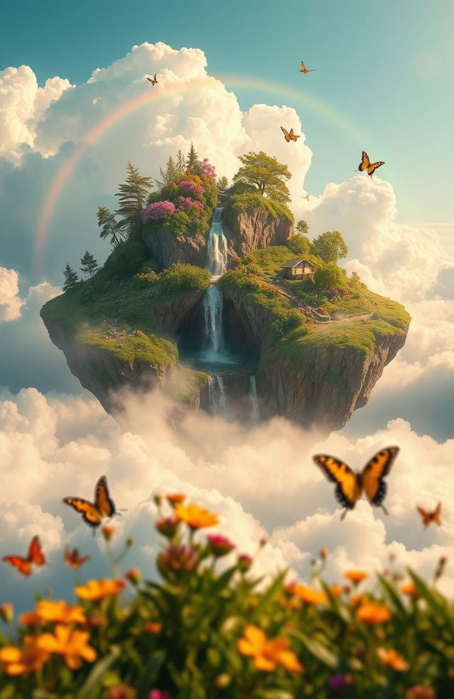 A breathtaking floating island surrounded by fluffy white clouds, featuring lush greenery, colorful flowers, and a sparkling waterfall cascading down the cliffs