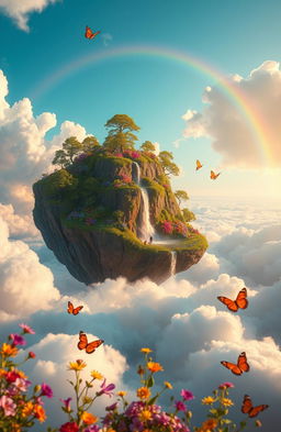 A breathtaking floating island surrounded by fluffy white clouds, featuring lush greenery, colorful flowers, and a sparkling waterfall cascading down the cliffs