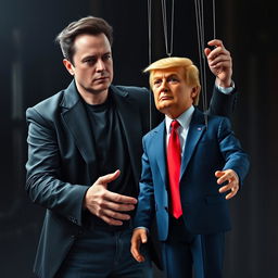 Elon Musk, dressed in his typical jeans, black suit jacket, and black t-shirt, is depicted as the puppeteer controlling a puppet version of Donald Trump