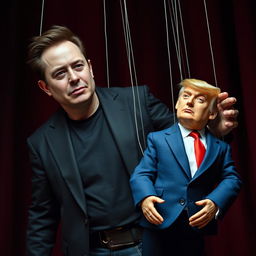 Elon Musk, dressed in his typical jeans, black suit jacket, and black t-shirt, is depicted as the puppeteer controlling a puppet version of Donald Trump