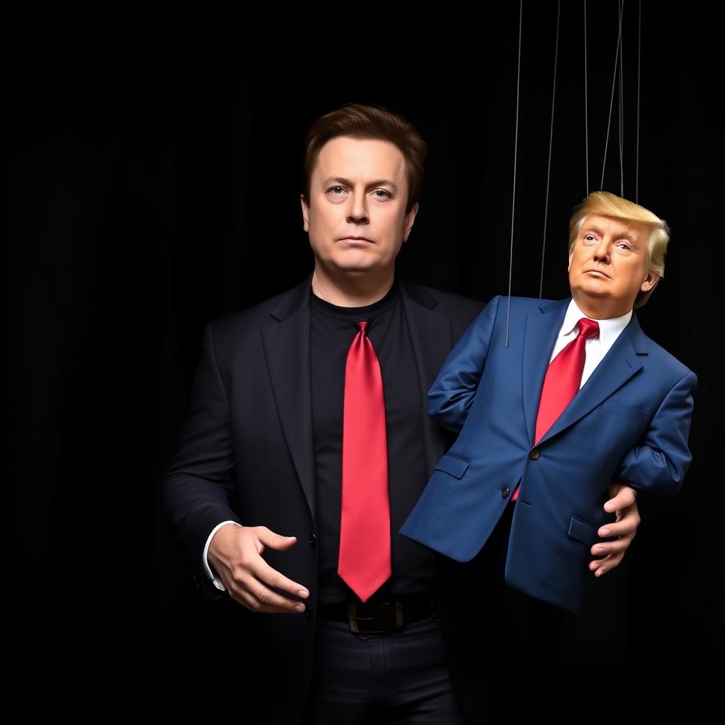 Elon Musk, dressed in his typical jeans, black suit jacket, and black t-shirt, is depicted as the puppeteer controlling a puppet version of Donald Trump