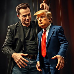 Elon Musk, dressed in his typical jeans, black suit jacket, and black t-shirt, is depicted as the puppeteer controlling a puppet version of Donald Trump