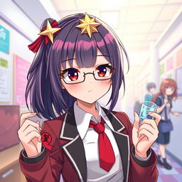 A vibrant illustration of an anime girl with a cool, smart, and smug personality, radiating confidence and intelligence