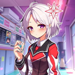 A vibrant illustration of an anime girl with a cool, smart, and smug personality, radiating confidence and intelligence