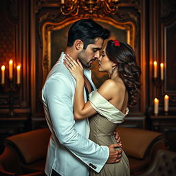 A passionate and romantic contemporary vintage book cover featuring a European couple in a close, intimate embrace