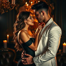 A passionate and romantic contemporary vintage book cover featuring a European couple in a close, intimate embrace