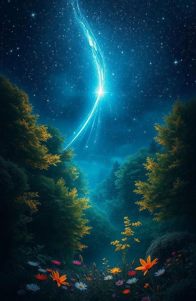 A stunning and enchanting scene featuring a magical shooting star streaking across a night sky filled with twinkling stars